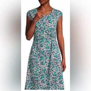 Lands End Floral Fit Flare Dress Twist Accent Cap Sleeve Size XL